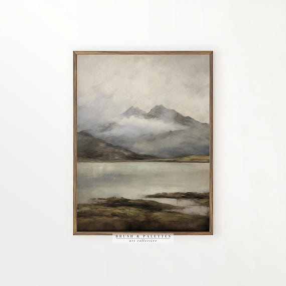 Misty Mountain Lake Print Moody Landscape Wall Art Serene Nature Painting For Lodge Rustic Or Minimalist Decor Homes