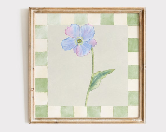 Green Checkered Floral Square Art Print
