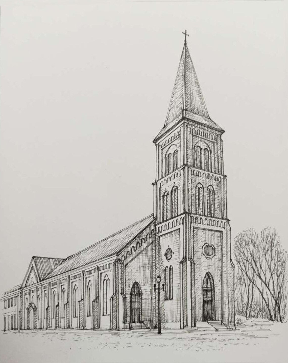 Historic Church With Clock Tower Detailed Pencil Sketch Poster - Image 2