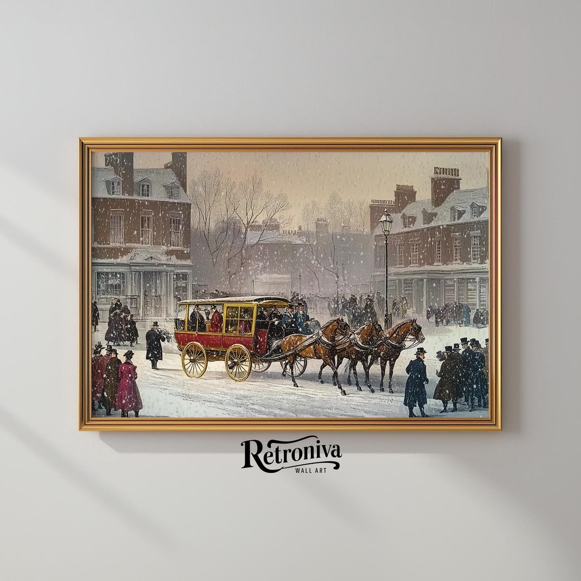 Winter Cityscape With Horse Carriage Vintage Oil Painting People In Old Town Center Farmhouse Wall Decor Retroniva Art Wnt 026 - Image 2