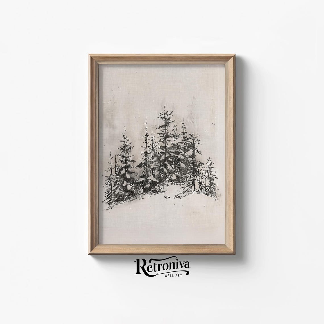 Snowy Pine Forest Charcoal Sketch Minimalist Winter Trees Print