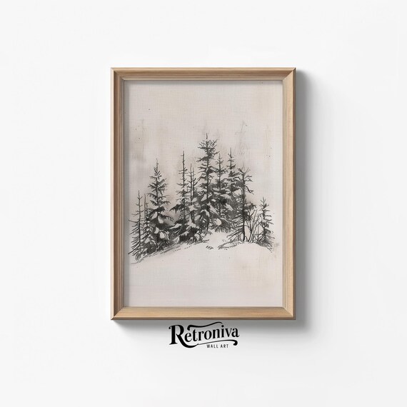 Snowy Pine Forest Charcoal Sketch Minimalist Winter Trees Print