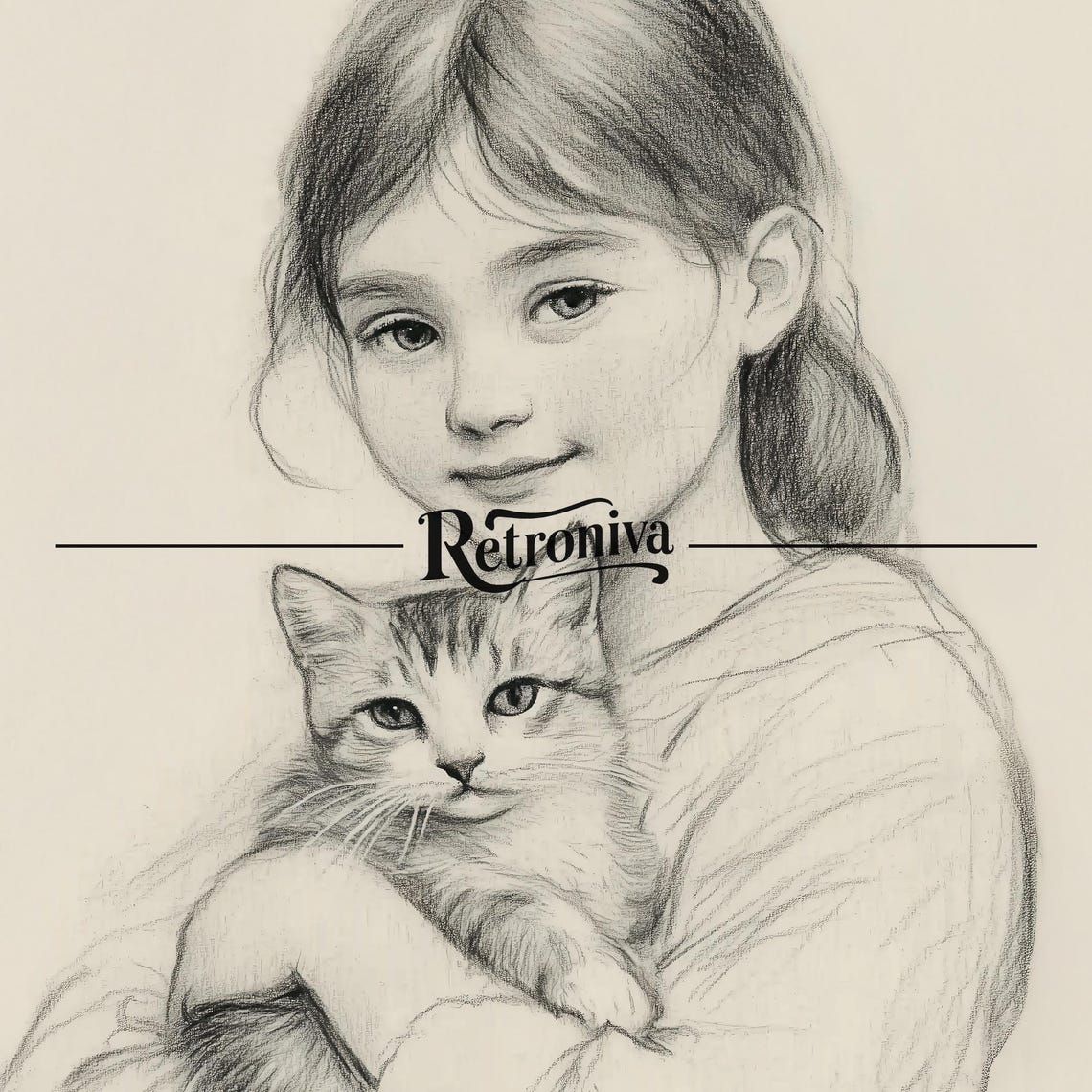Sweet Girl Holding Kitten Pencil Sketch Minimalist Nursery Poster - Image 7