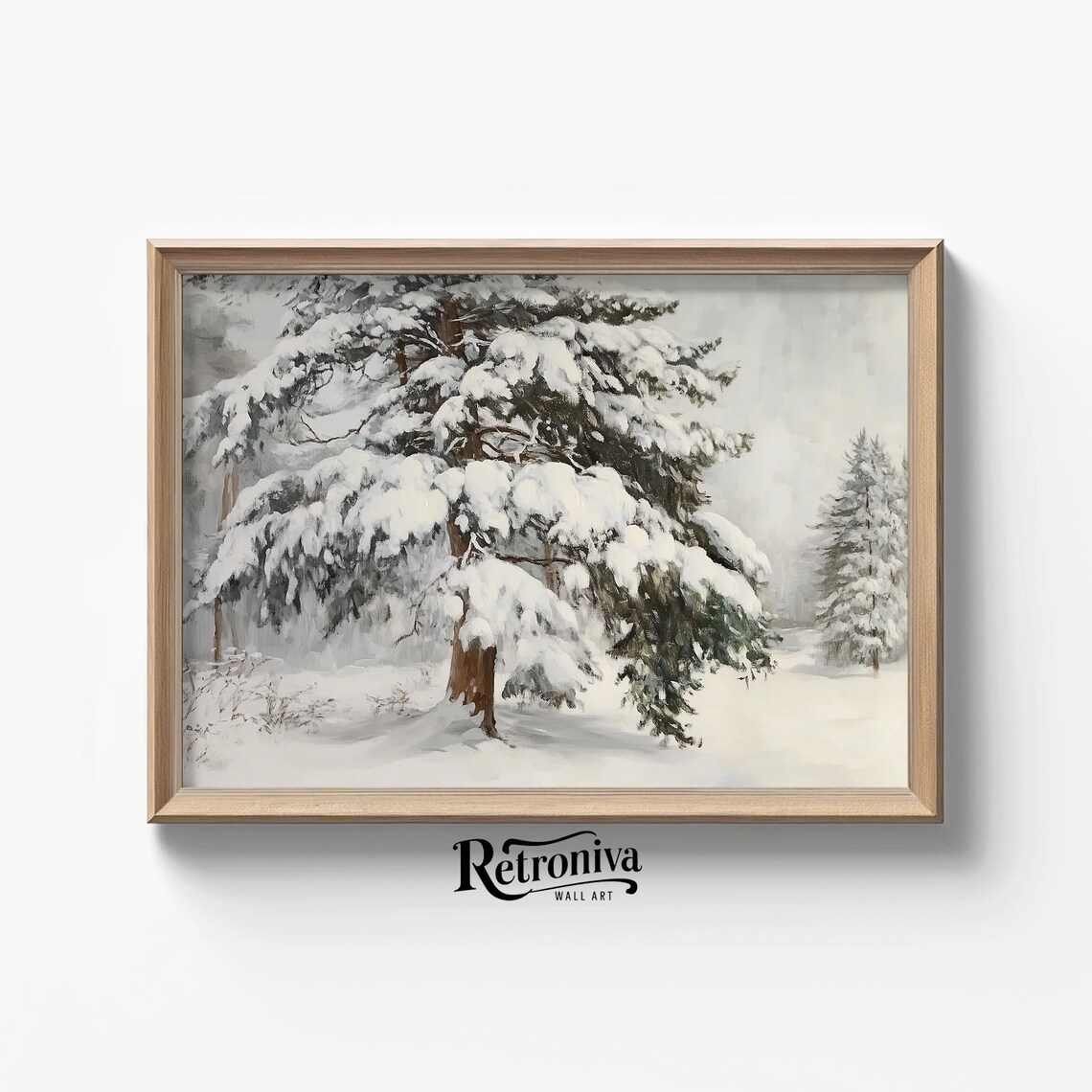 Snow Covered Pine Tree Vintage Winter Woodland Oil Painting Poster