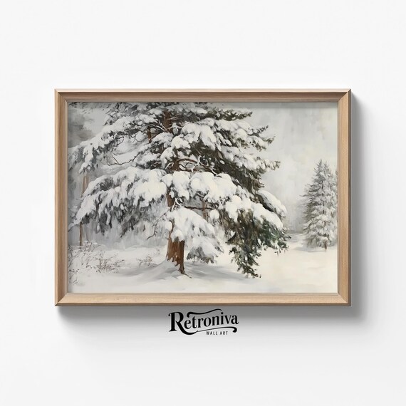 Snow Covered Pine Tree Vintage Winter Woodland Oil Painting Poster