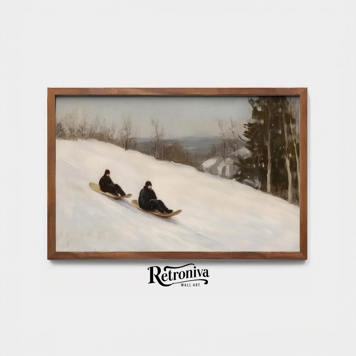 Vintage Winter Sledding Scene Two Sledders On A Snowy Hill Poster - Image 4