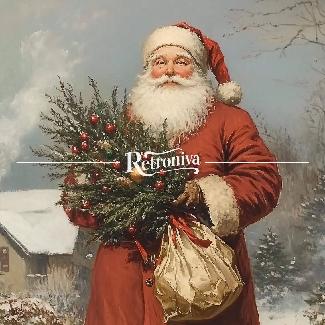 Antique Santa With Christmas Gifts Portrait In Snowy Winter Landscape Wall Art Traditional Holiday Decor Retroniva Art Prt 014 - Image 7