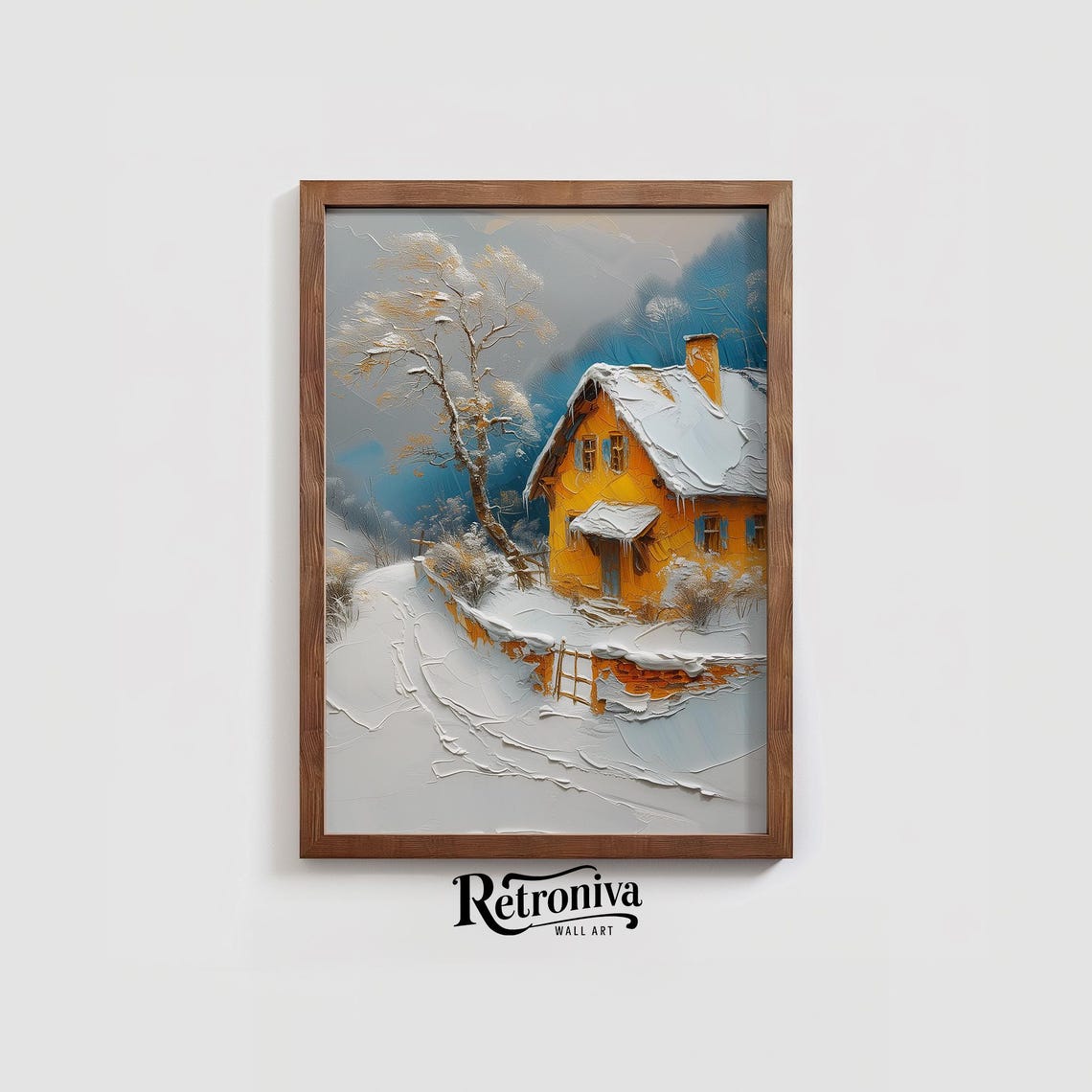 Yellow Cottage In Snowy Winter Landscape Oil Painting Rustic Country Farmhouse Decor Christmas Wall Art Retroniva Art Wnt 010 - Image 4