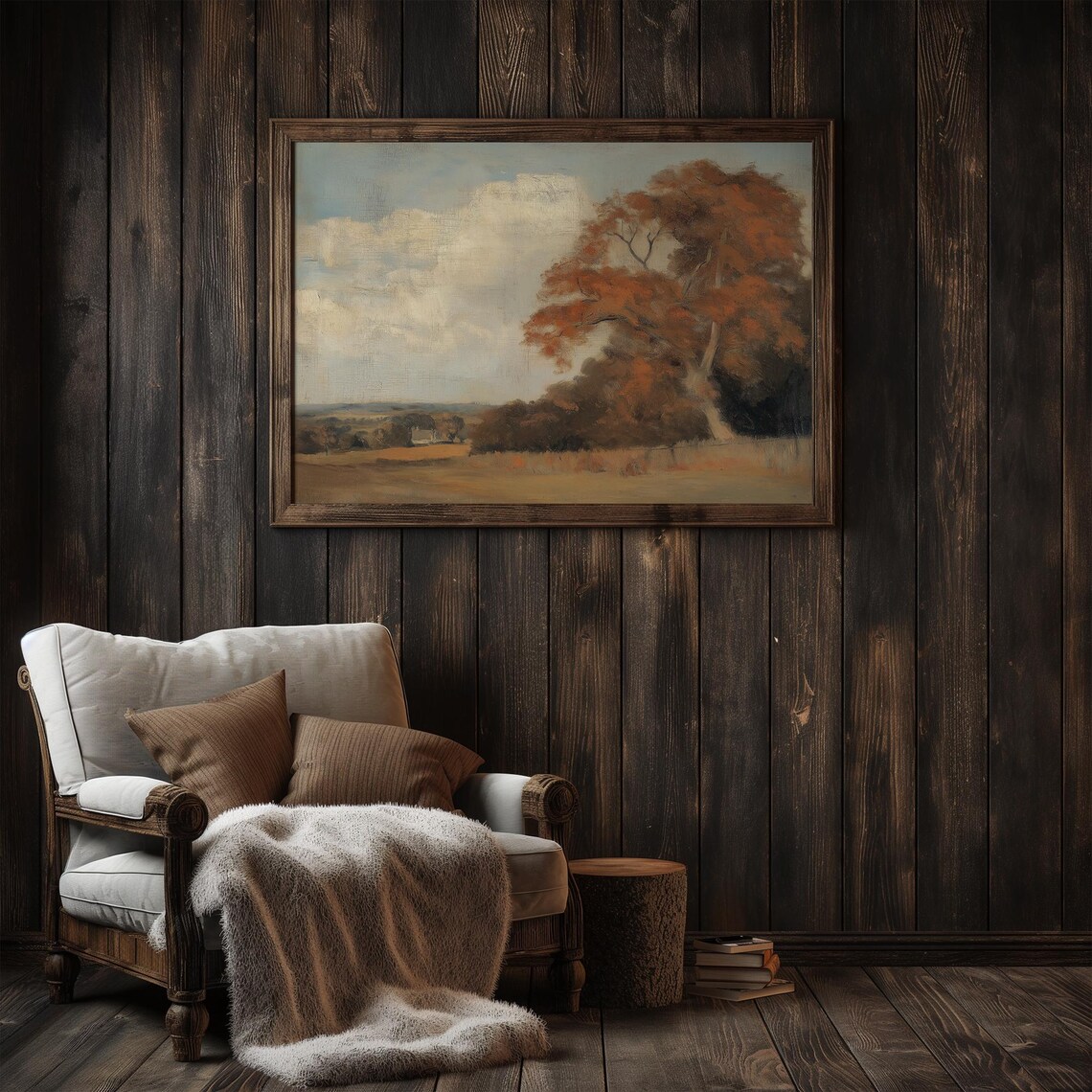 Muted Fall Tree Cloudy Sky Rustic Landscape Vintage Oil Painting Poster - Image 3