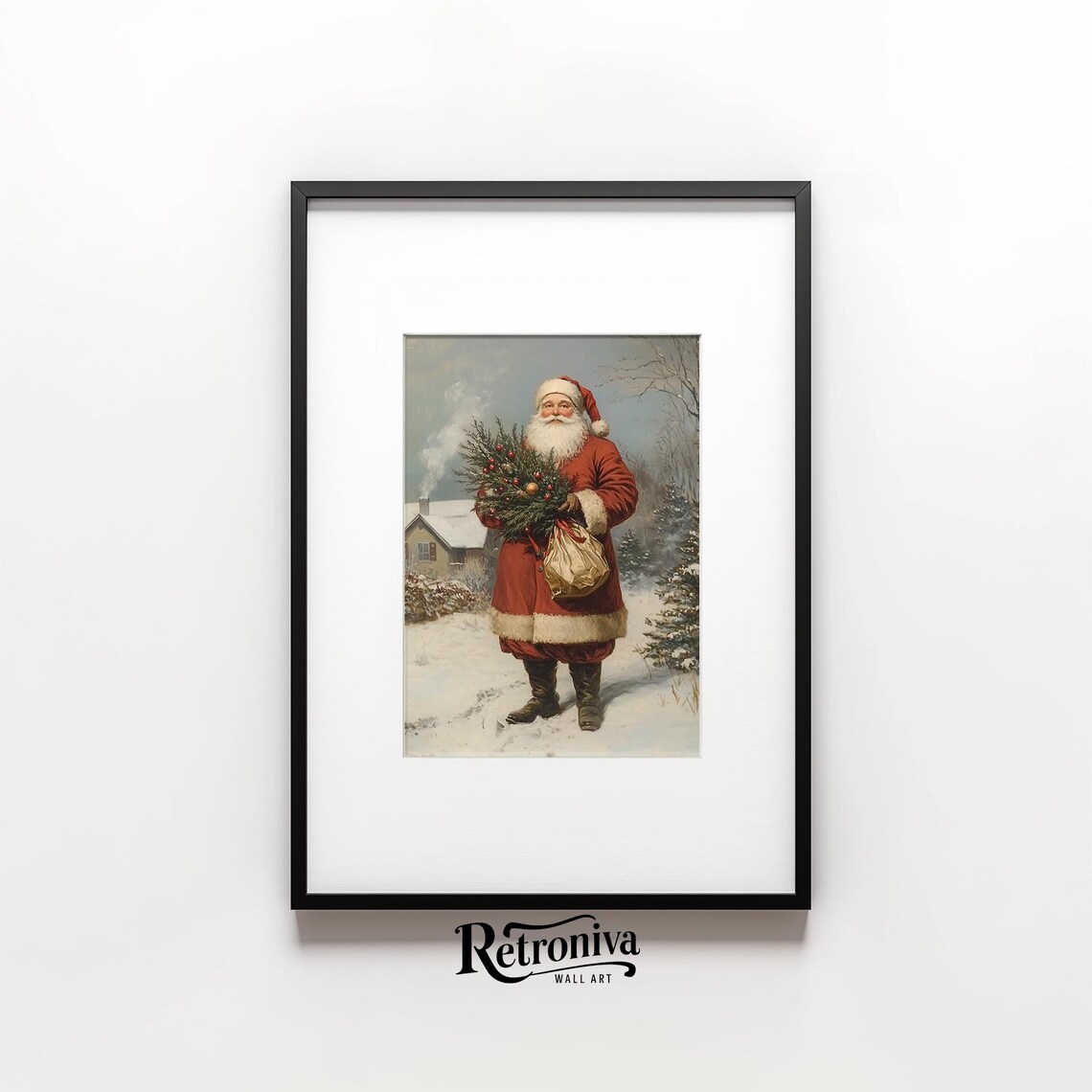 Antique Santa With Christmas Gifts Portrait In Snowy Winter Landscape Wall Art Traditional Holiday Decor Retroniva Art Prt 014 - Image 6