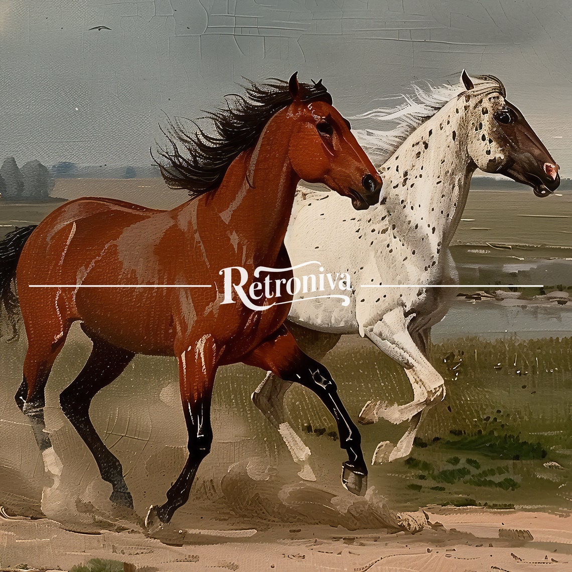 Four Wild Horses Galloping Across Open Field Vintage Painting Poster - Image 7