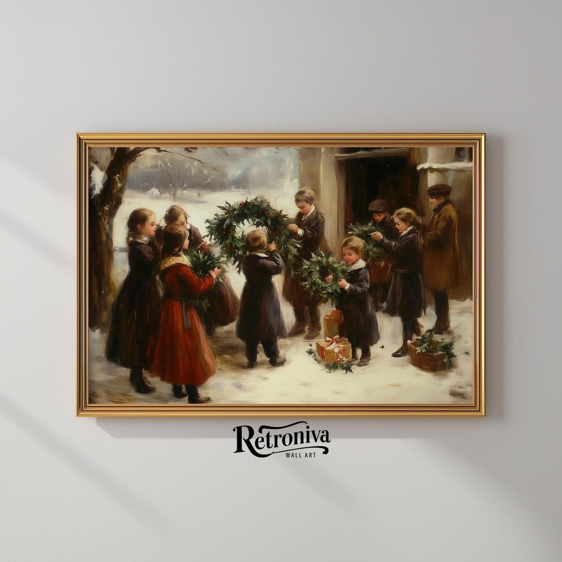 Children with Christmas Wreath on Snowy Day Vintage Holiday Poster - Image 2