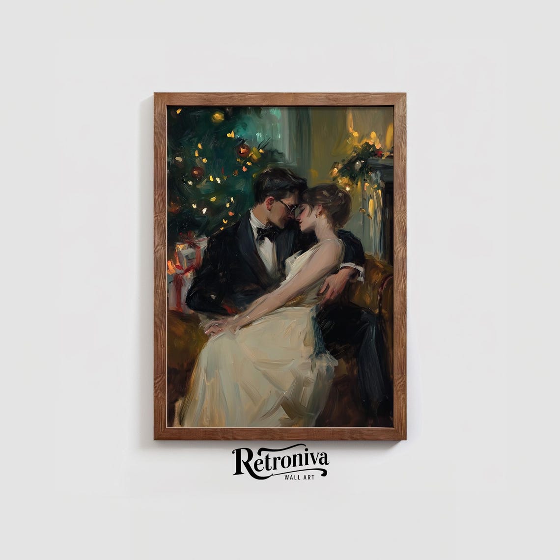 Couple In Love On Christmas Eve Vintage Oil Painting Romantic Winter Night Art Kissing Couple Wall Decor Retroniva Art Cpl 011 - Image 2