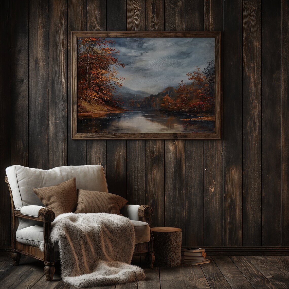Moody Autumn Lake Stormy Sky Rustic Fall Landscape Vintage Painting Poster - Image 3
