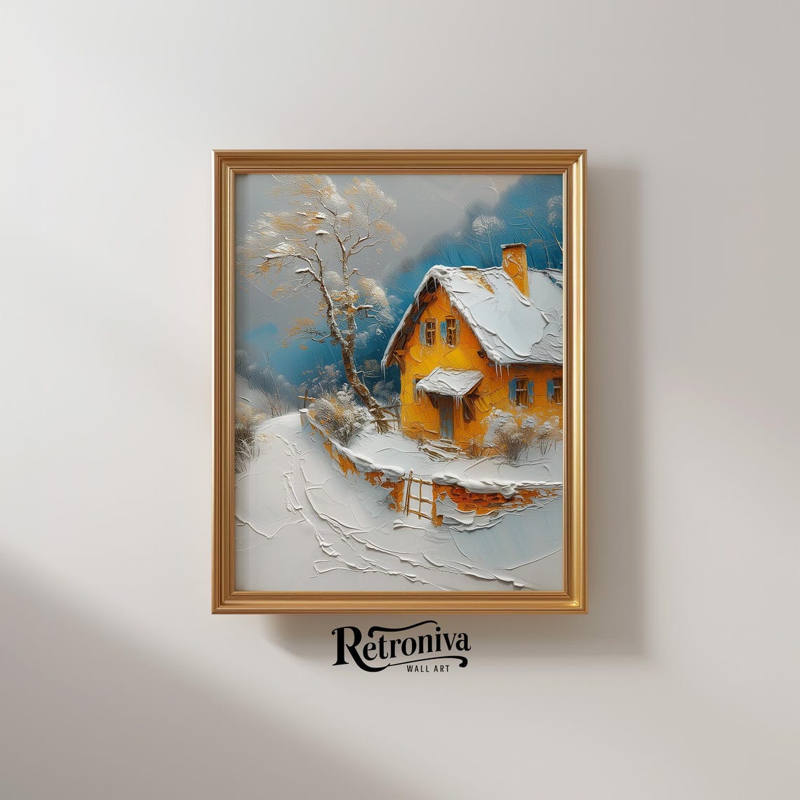Yellow Cottage In Snowy Winter Landscape Oil Painting Rustic Country Farmhouse Decor Christmas Wall Art Retroniva Art Wnt 010 - Image 2