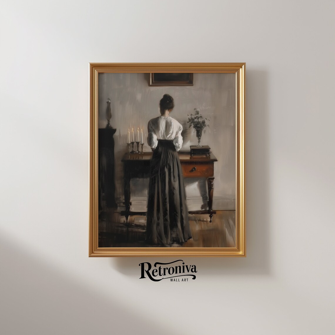 Woman By Candlelit Desk Vintage Dark Academia Interior Painting Poster - Image 2