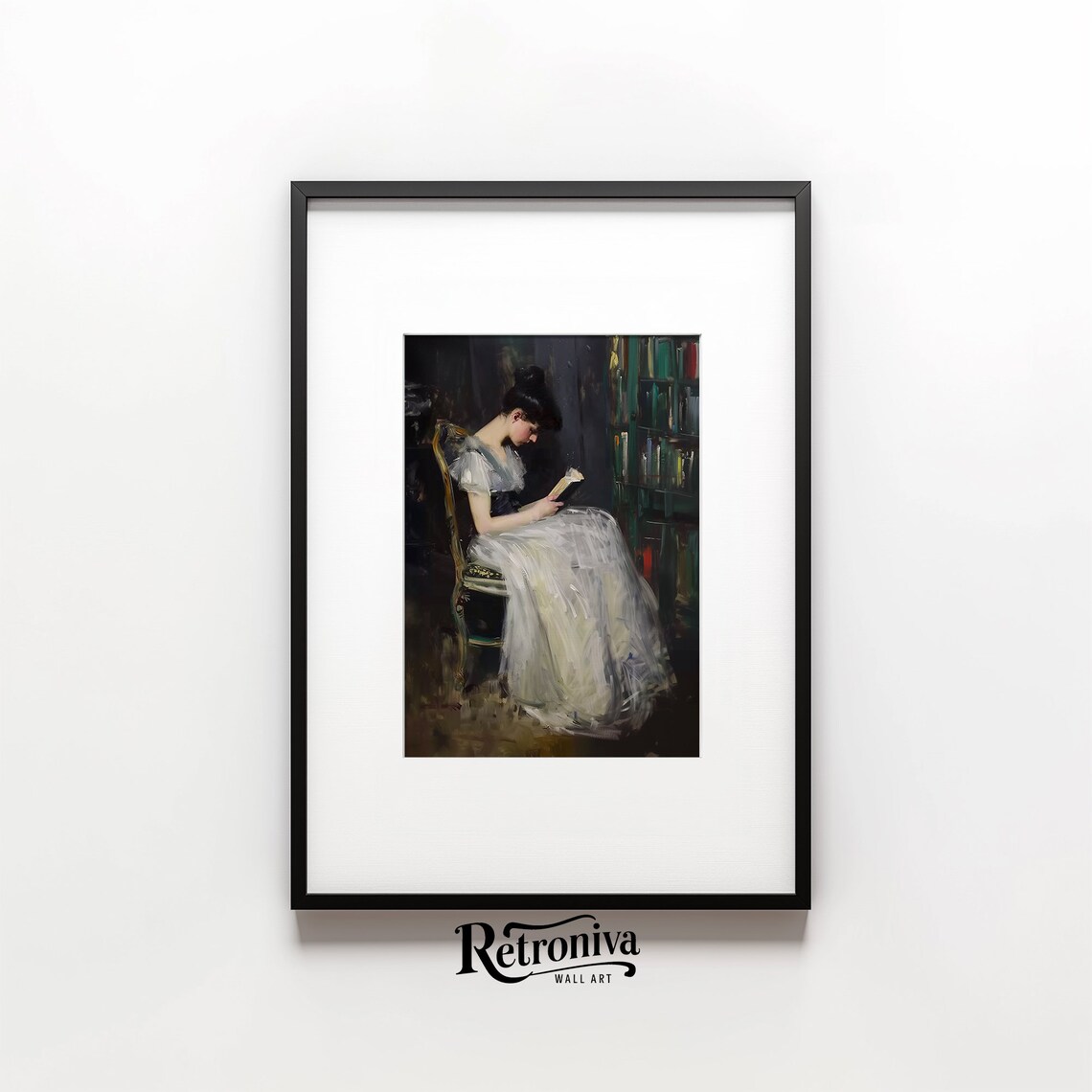 Woman Reading Book White Gown Dark Library Vintage Portrait Painting Poster - Image 3