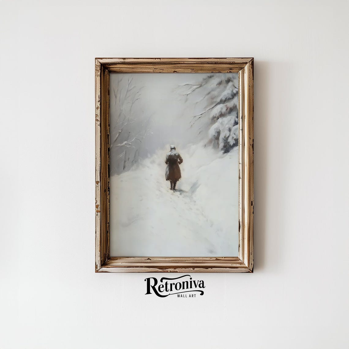 Lone Man Walking on Snowy Path White Winter Vintage Painting Poster - Image 6