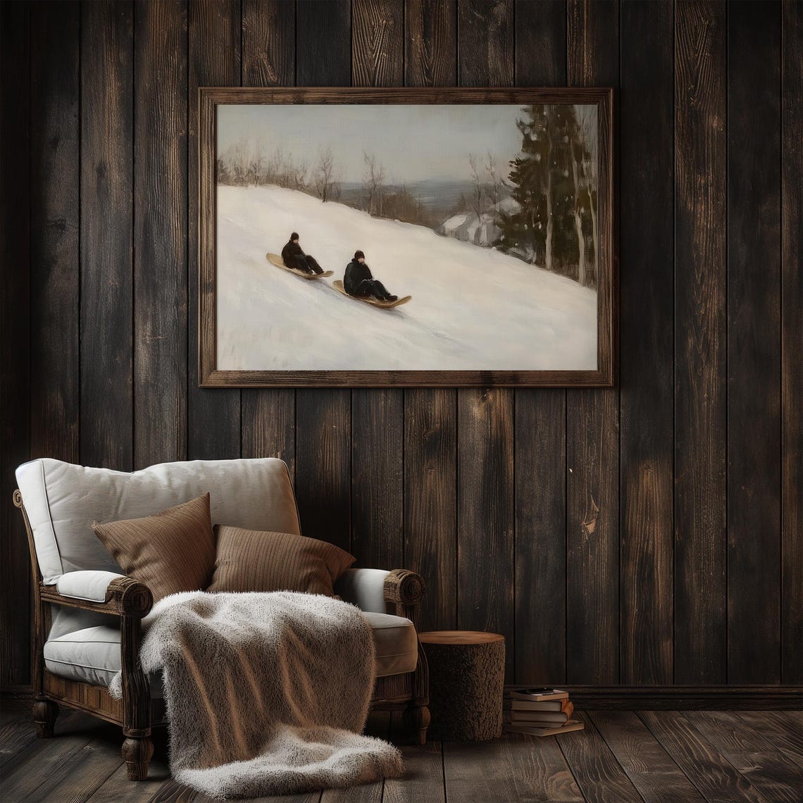 Vintage Winter Sledding Scene Two Sledders On A Snowy Hill Poster - Image 3