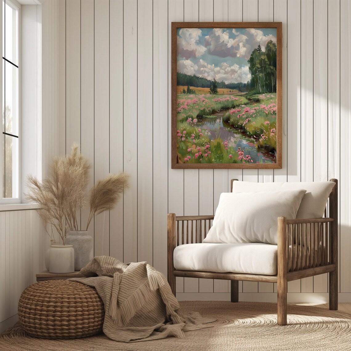 Pink Wildflower Field Landscape Art Print - Image 3