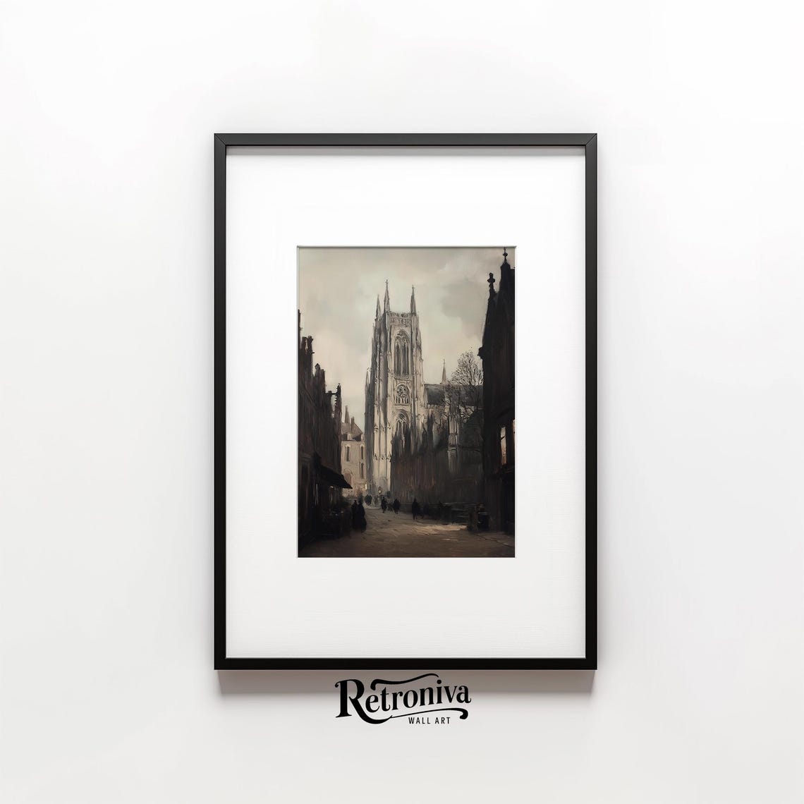 Moody Gothic Cathedral Tower Down A Dark Old Street Painting Poster - Image 6