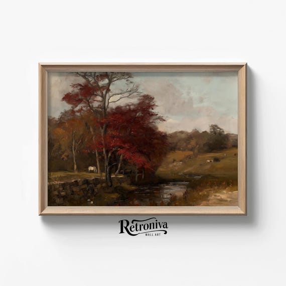 Countryside Autumn Landscape Painting Rustic Fall Decor Vintage Farmhouse Wall Art Moody Autumn Prints Retroniva Art Atm 015