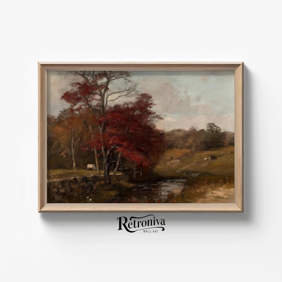 Moody Autumn Countryside With Red Trees And Grazing Cows Poster