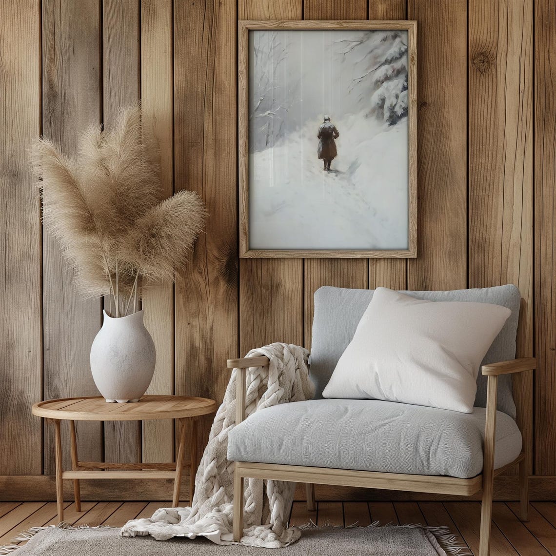 Lone Man Walking on Snowy Path White Winter Vintage Painting Poster - Image 3