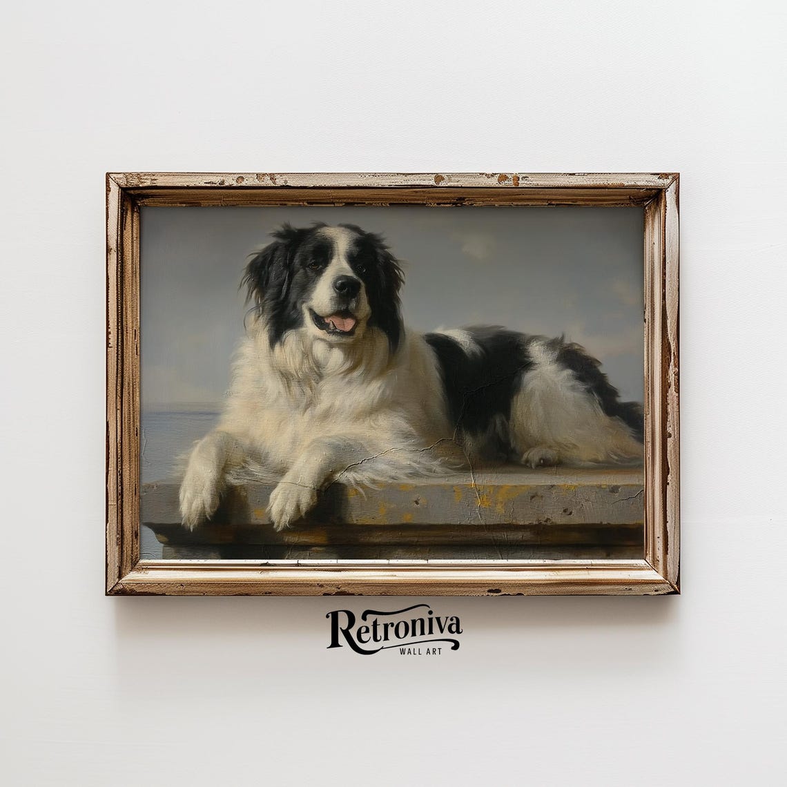 Black and White Newfoundland Dog Lying on Pier Vintage Pet Poster - Image 4