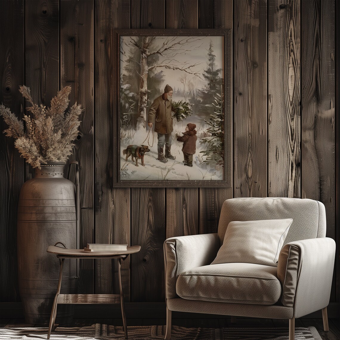 Grandfather Child and Dog Bringing Christmas Tree Winter Poster - Image 3