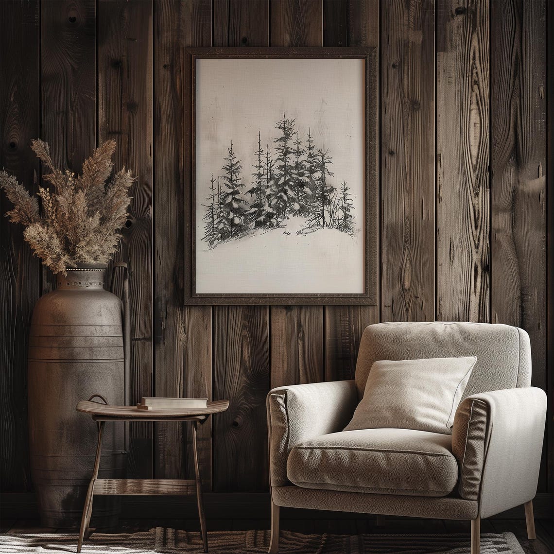 Snowy Pine Forest Charcoal Sketch Minimalist Winter Trees Print - Image 3