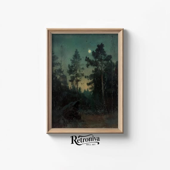 Moody Night Forest Landscape, Dark Academia Art Print