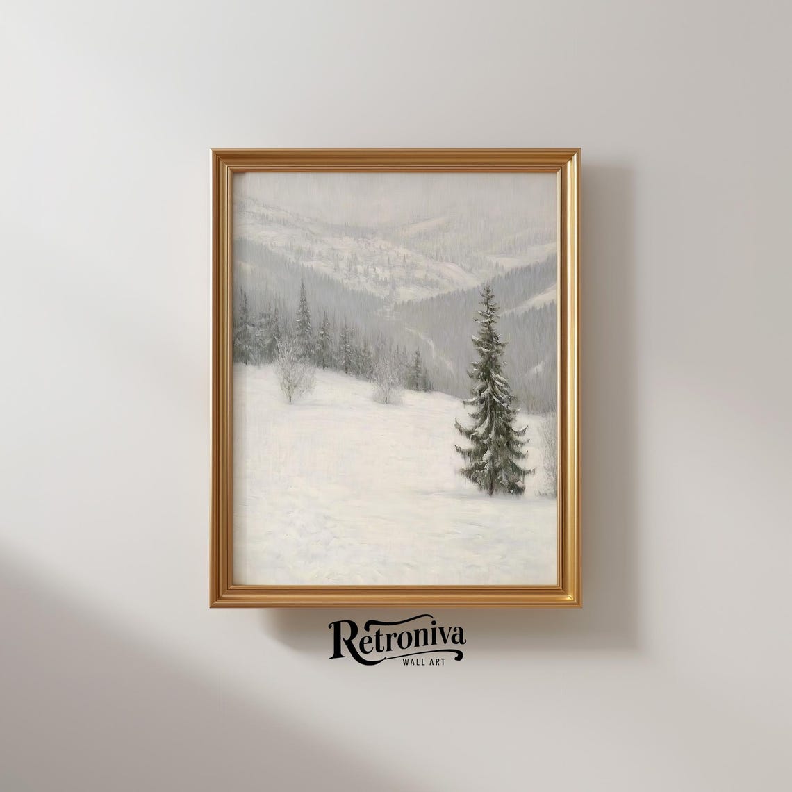 Muted Snowy Mountain Valley Vintage Winter Landscape Pines Poster - Image 2