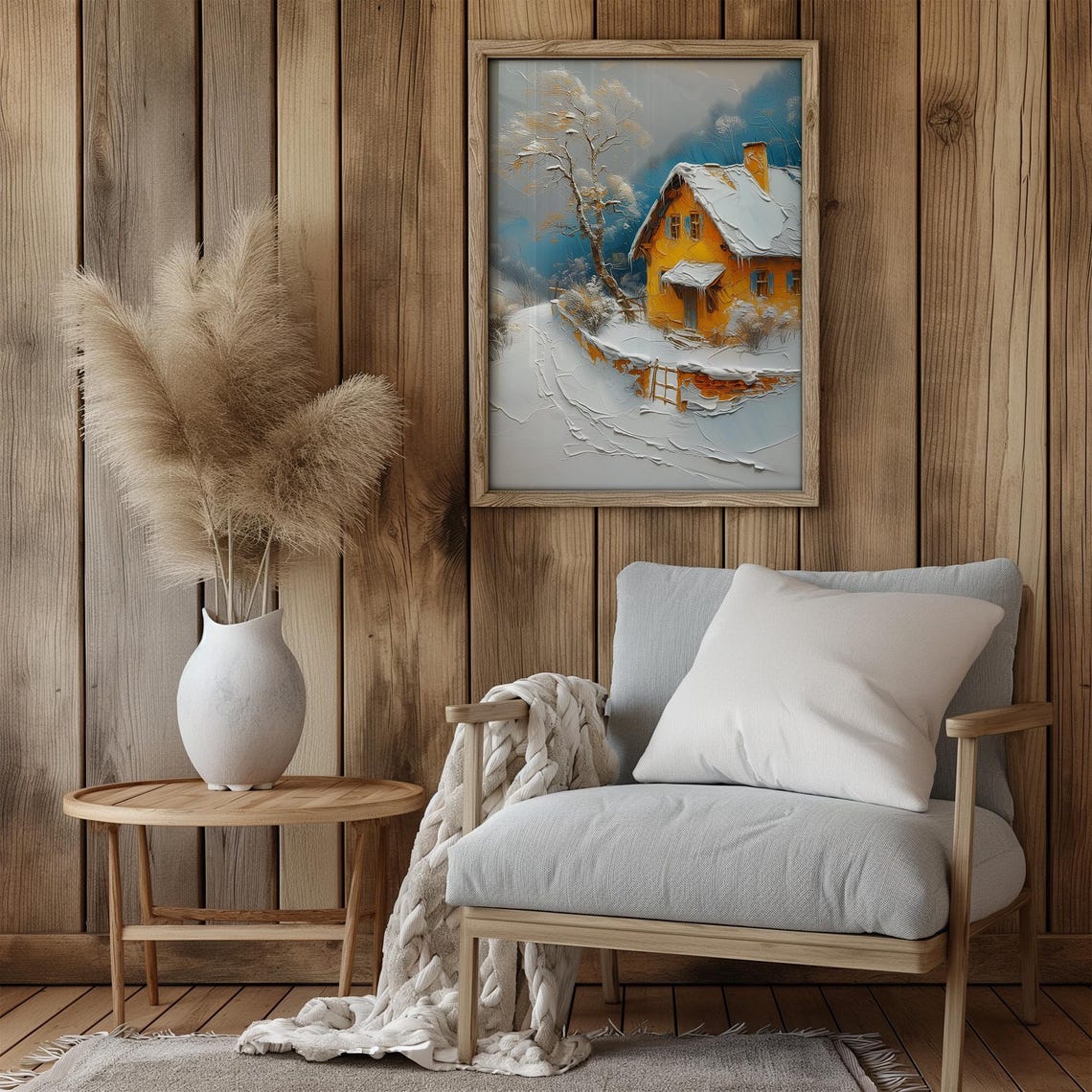 Yellow Cottage In Snowy Winter Landscape Oil Painting Rustic Country Farmhouse Decor Christmas Wall Art Retroniva Art Wnt 010 - Image 3