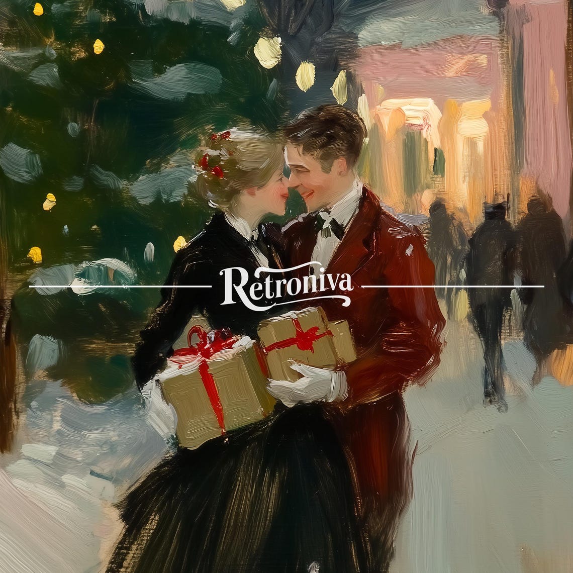 Couple Walking On The Street With Christmas Gifts Vintage Oil Painting Romantic Couple Love Art Print Retroniva Art Cpl 012 - Image 7