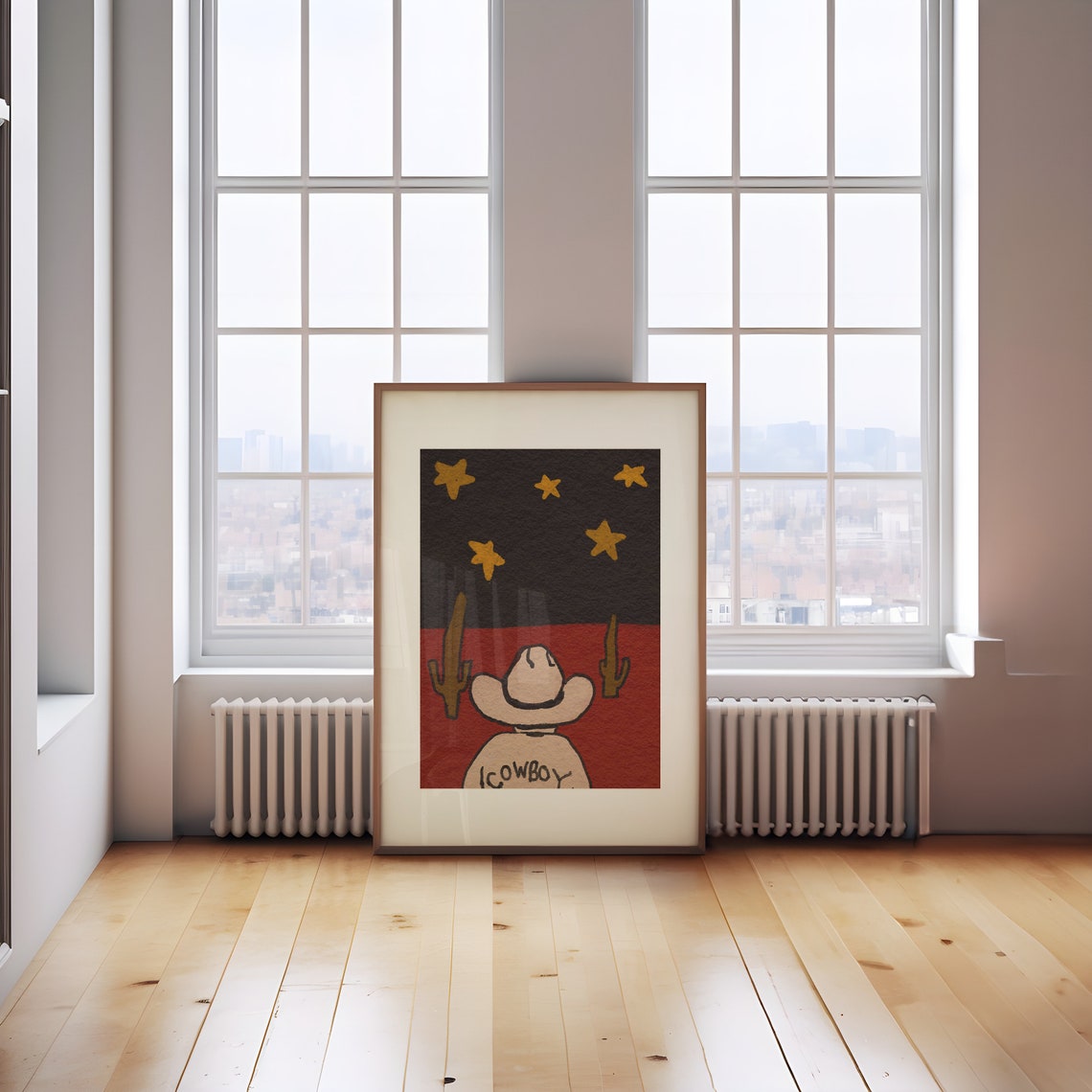 Western Cowboy Hat Stars Cactus Desert Hand Drawn Retro Wall Art - Image 4