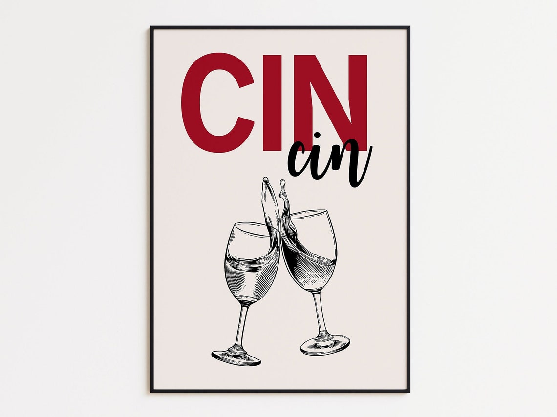 Cin Cin Cheers Poster with Clinking Wine Glasses Italian Bar Decor