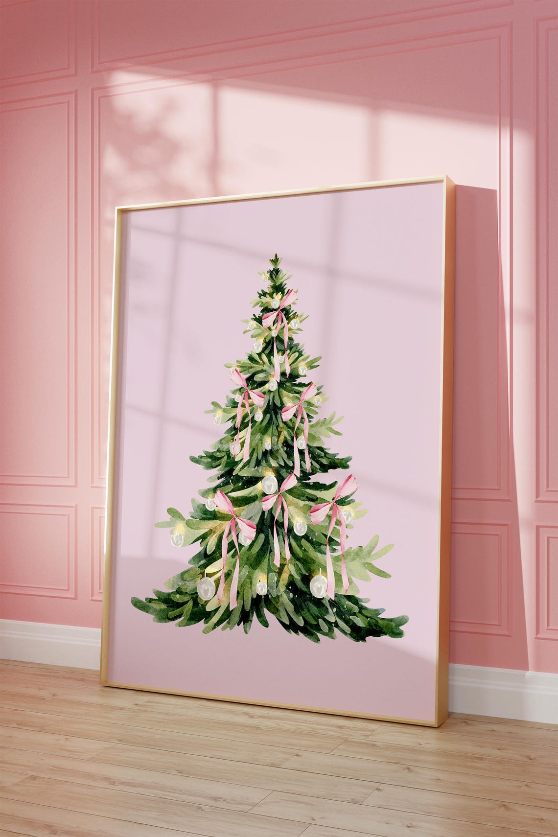Watercolor Christmas Tree With Pink Bows White Ornaments Blush Poster