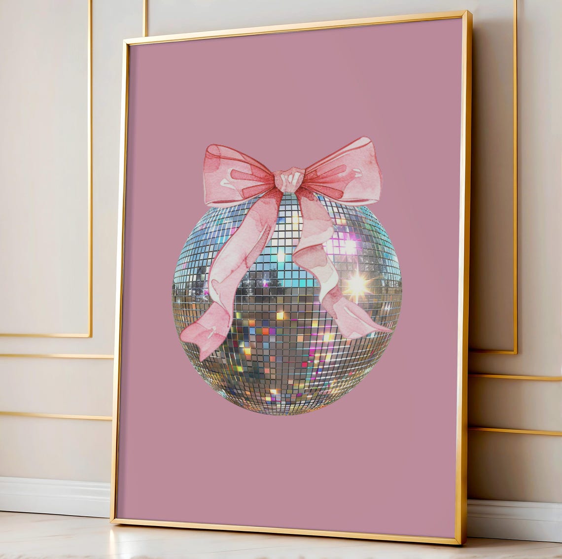 Disco Ball With Pink Bow Sparkling Ornament Retro Holiday Chic Poster