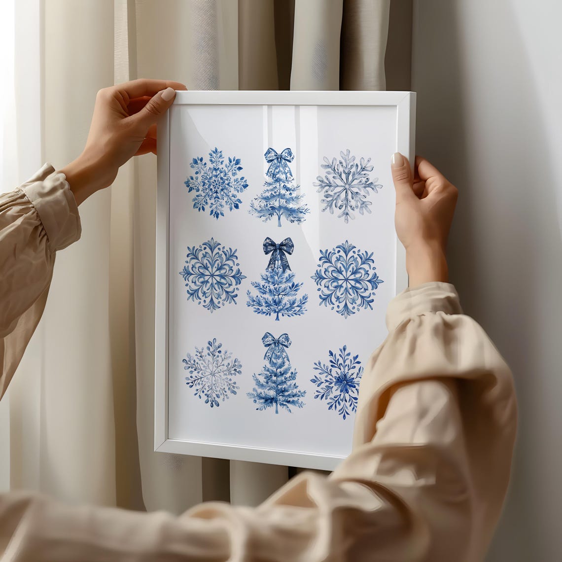 Blue White Chinoiserie Snowflakes Trees Pattern Christmas Print - Image 2