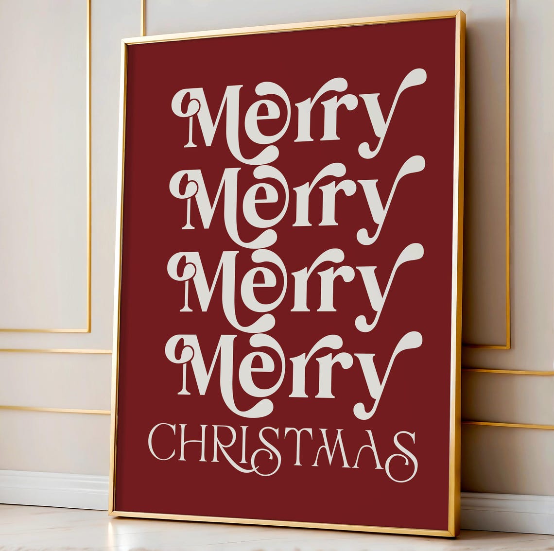 Merry Christmas Retro Cream Repeat Lettering Red Holiday Art Print - Image 2