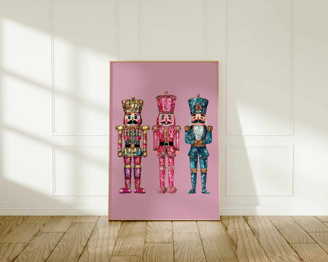 Glitter Nutcracker Trio Multicolor Pink Teal Christmas Soldier Poster - Image 2