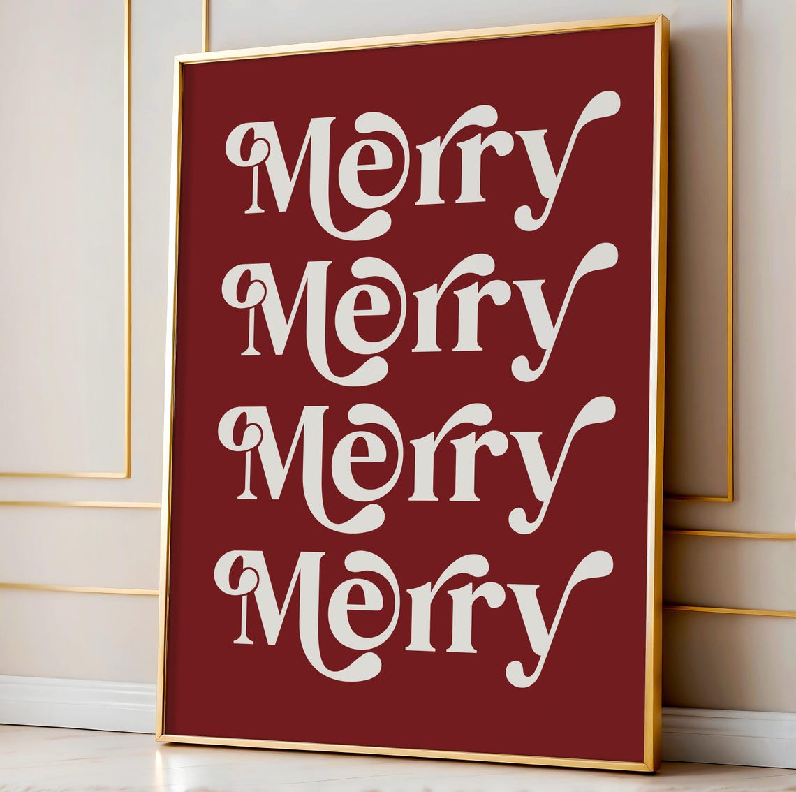 Merry Retro Cream Lettering Deep Red Christmas Typography Art Print