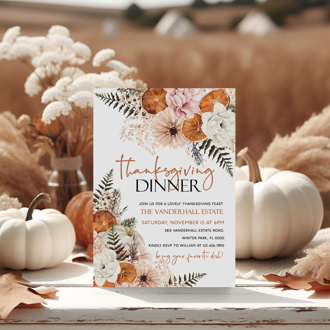 Thanksgiving Dinner Invitation Dried Citrus Floral Editable Print - Image 2