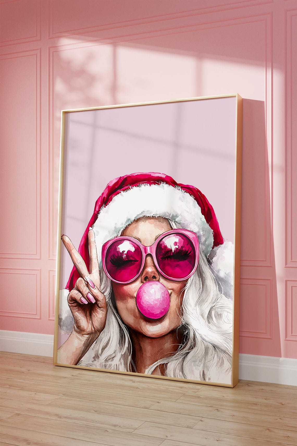Pink Mrs Claus Watercolor Bubblegum Glam Peace Sign Christmas Poster - Image 2