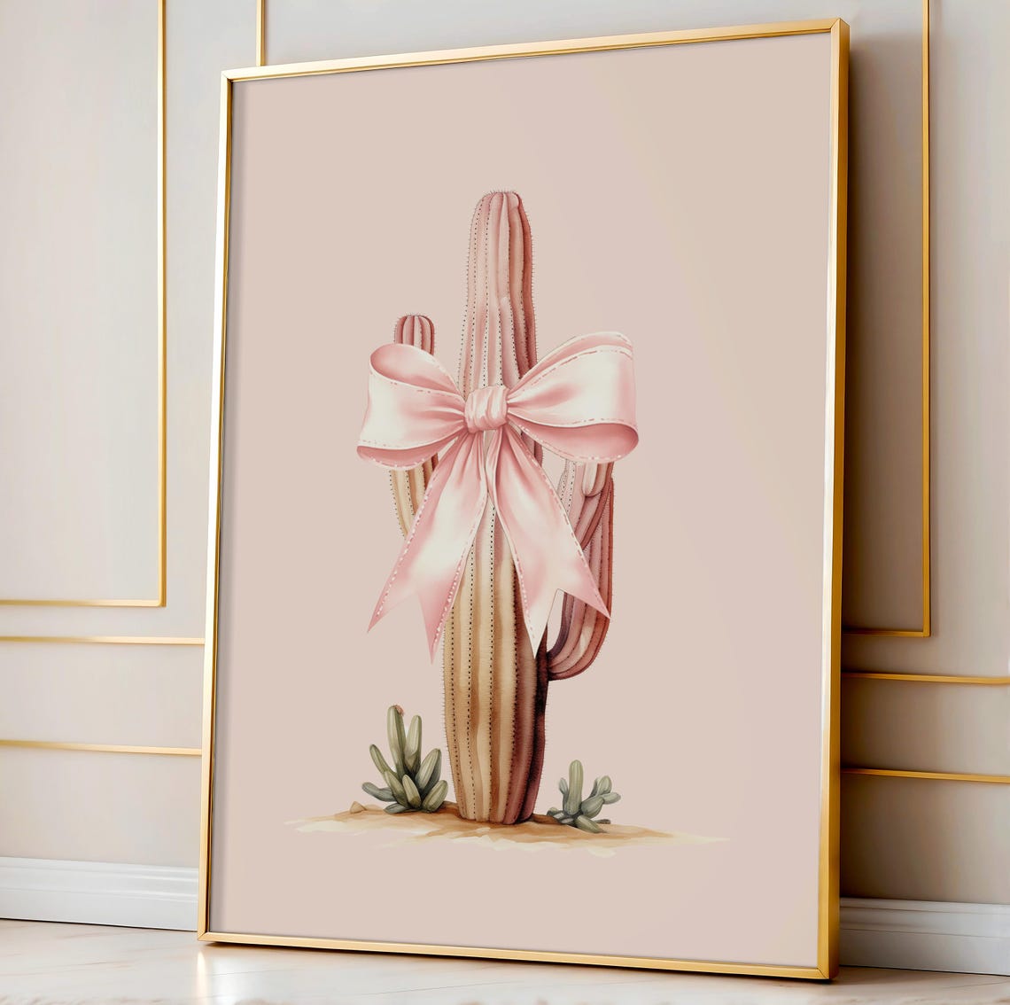 Pink Cactus with Satin Bow Coquette Desert Botanical Art Poster