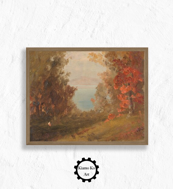Autumn Woods Lake View Through Red Trees Fall Colors Vintage Landscape Poster