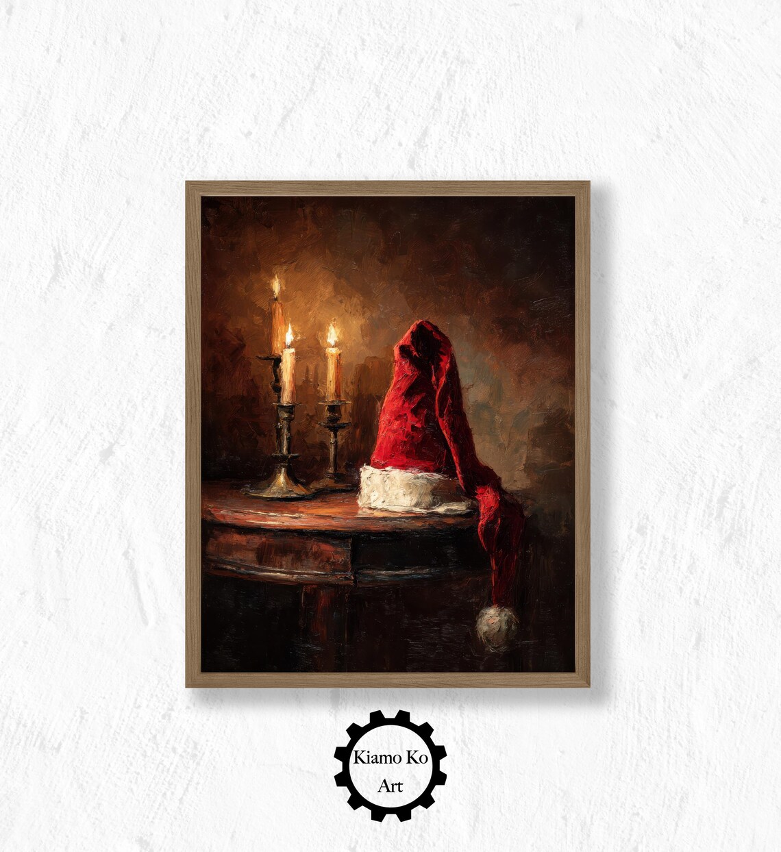 Santa Hat with Lit Candlesticks on a Wooden Table Christmas Wall Art