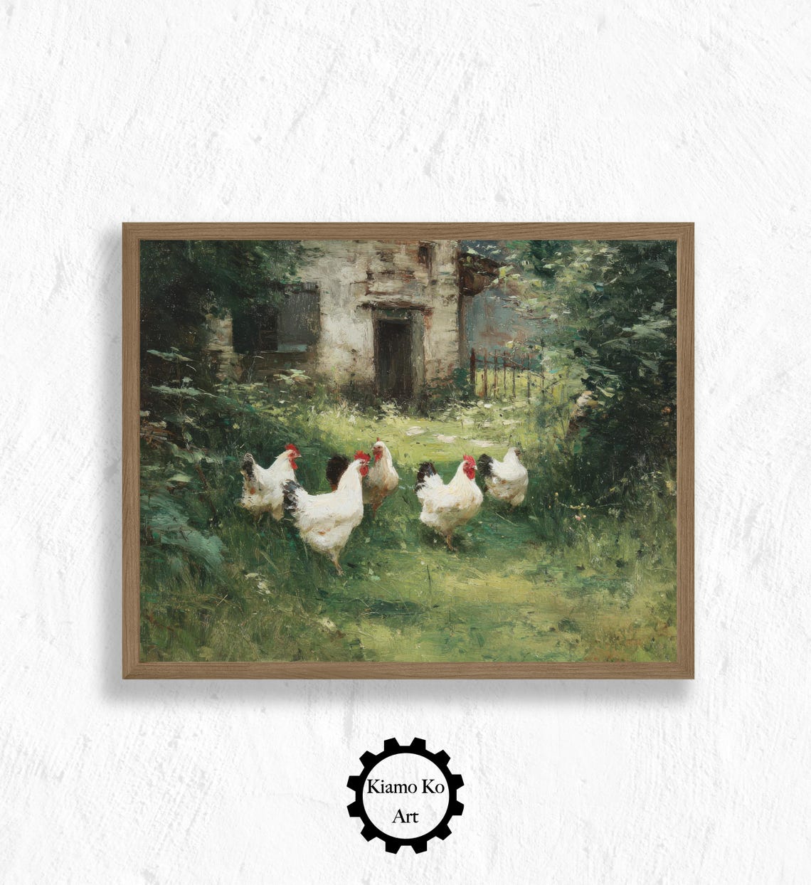 White Chickens Foraging in a Grassy Yard by a Stone Cottage Poster