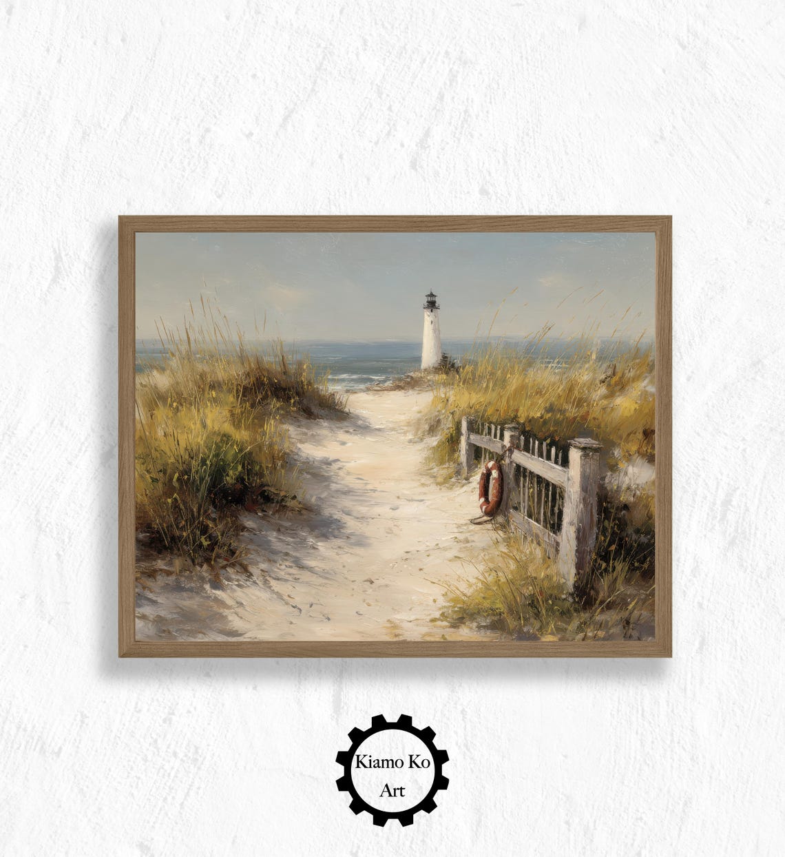 White Lighthouse on Coastal Dune Path Ocean Sunset Art Poster